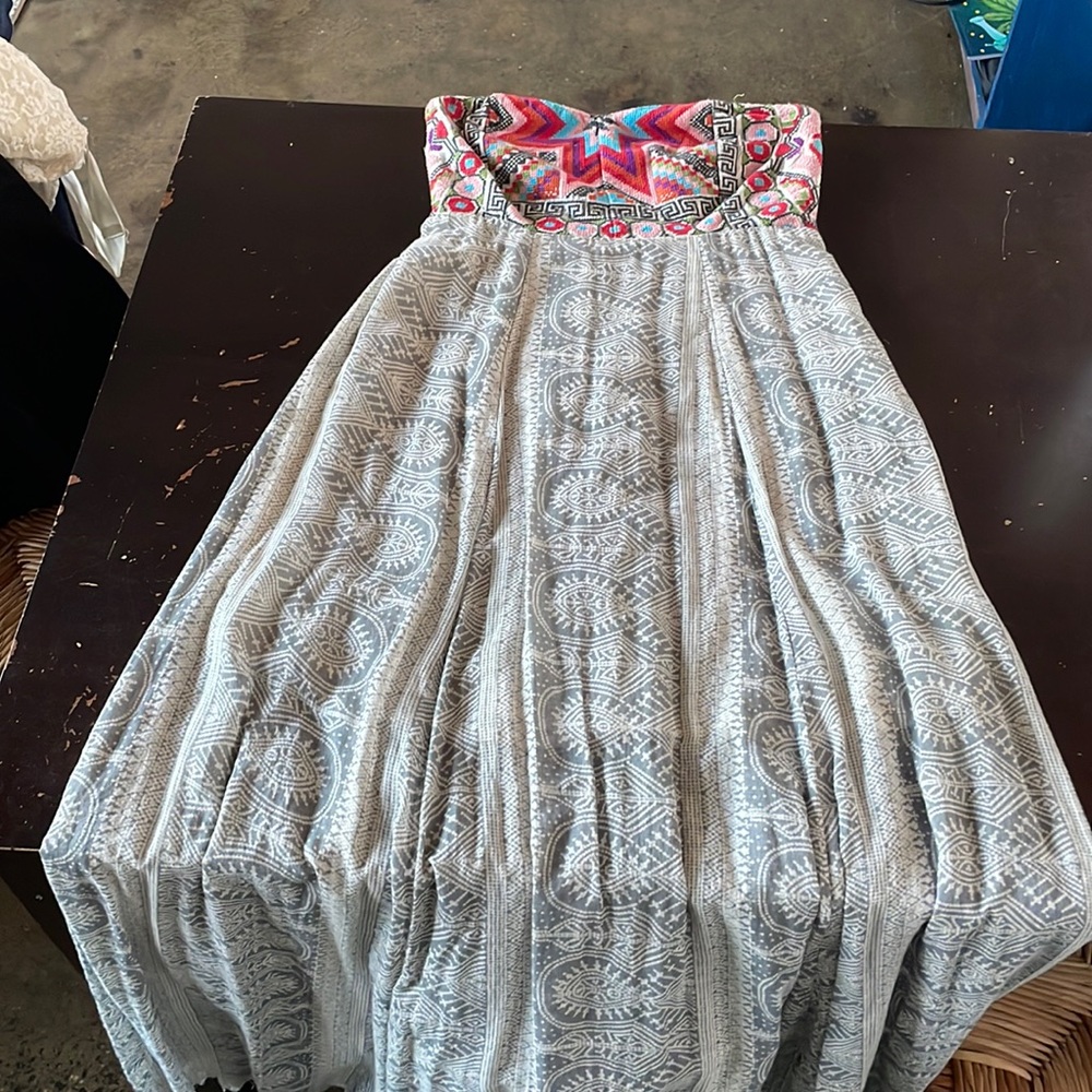 Tribal print multi color and gray, strapless maxi dress